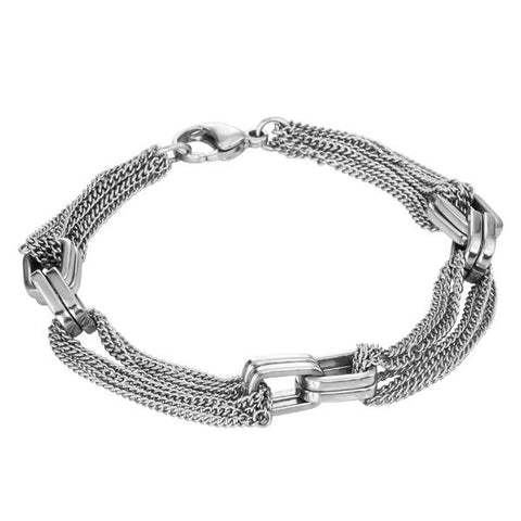 Stainless steel chain bracelet with rectangular fasteners used for embossed wear.