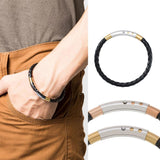 STAINLESS STEEL WITH BLACK LEATHER MAN POWER BRACELET