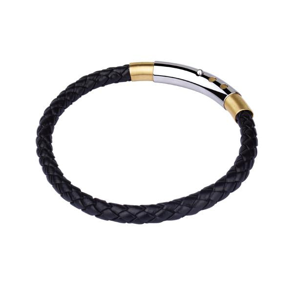 STAINLESS STEEL WITH BLACK LEATHER MAN POWER BRACELET